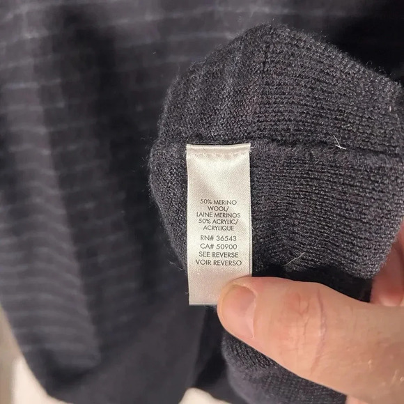 Calvin Klein Wool Blend Sweater Men Large Black Striped Vneck Long Sleeve Merino - Picture 5 of 8